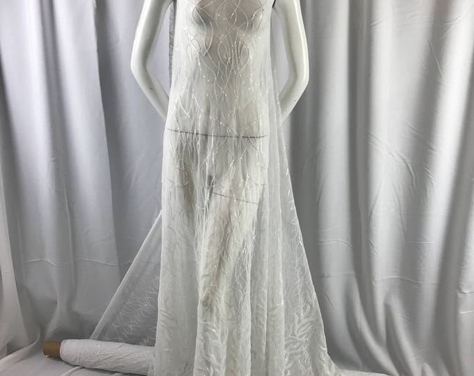 Dazzling white fashion tree embroider with sequins on a mesh lace-prom-nightgown-decorations-sold by the yard