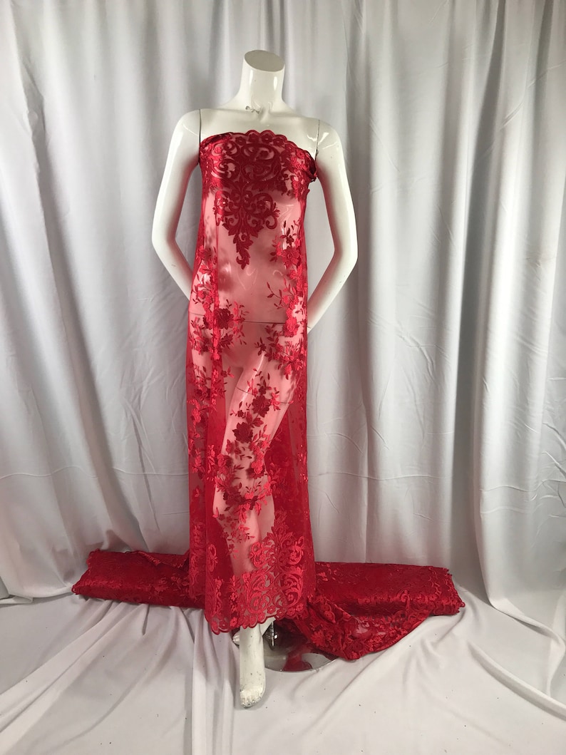 Red flowers enbroider on a 2 way stretch mesh lace.weddingBridalPromNightgown fabric-apparel-fashion-dresses-Sold by the yard.
