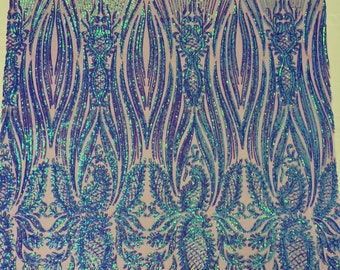 Lavender iridescent Paisley sequin design on a lilac 4 way stretch mesh-prom-sold by the yard.
