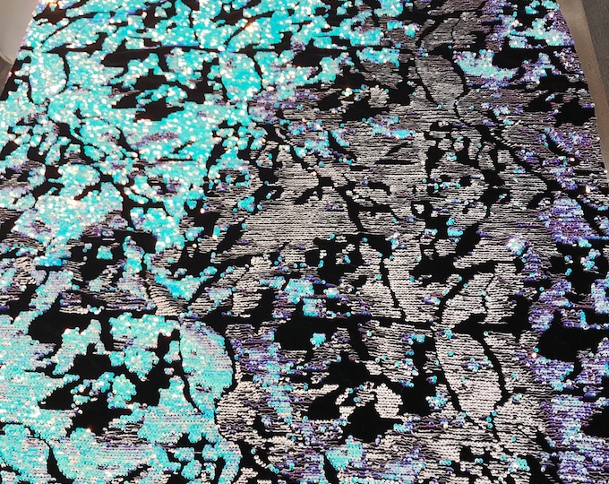 Aqua-white iridescent and reversible sequins embroidery on a 4 way stretch black velvet-dresses-fashion-sold by the yard-free shipping USA.