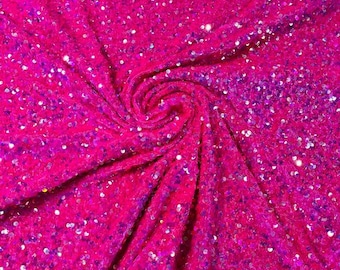 Fuchsia Iridescent stretch velvet with luxury sequins all over 5mm shining sequins 2-way stretch, sold by the yard.