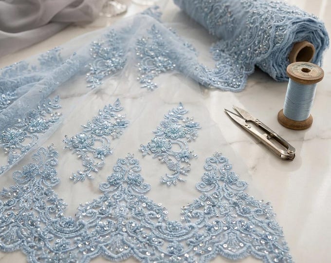 Light Blue Beaded Lace Fabric by the Yard, Floral Embroidered Mesh Lace for Prom, Bridal & Wedding Dresses