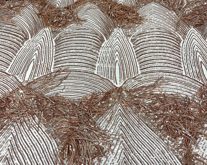 Rose gold shiny fringe sequins design on a 4 way stretch mesh fabric-prom-sold by the yard.