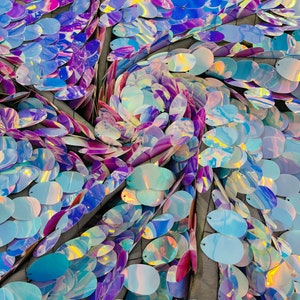 Aqua Blue Iridescent Jumbo Sequins Oval Sequin Paillette/Tear Drop Mermaid Big Sequins Fabric On Black Mesh/ 54 Inches Wide.