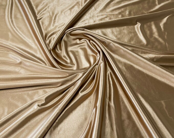 Khaki Deluxe Shiny Polyester Spandex Fabric Stretch 58" Wide Sold by The Yard.