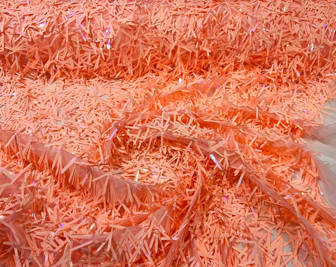 Coral iridescent sequin Swords Design on a peach mesh, Burning Man Costume Craft Fabric By The Yard.