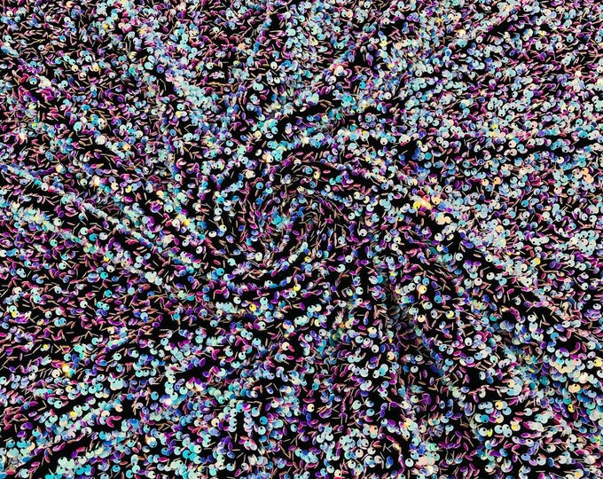 Aqua Blue Iridescent / Black stretch velvet with luxury Silver sequins all over 5mm shining sequins 2-way stretch, sold by the yard.