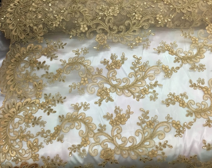 Gold corded flower design-embroider with sequins on a mesh lace fabric-prom-nightgown-decorations-sold by the yard-