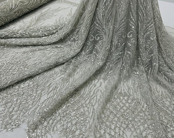 Silver Feather Beaded Lace Fabric by the Yard, Sequin Embroidered Mesh Lace for Bridal Gown, Prom Dress, Couture Fabric