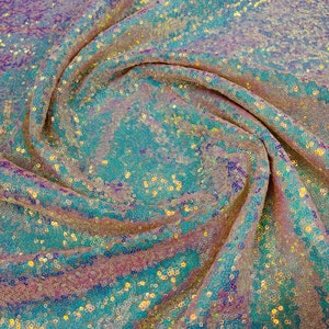 Aqua/Pink  iridescent mermaid fish scales-mini glitz sequins embroider on a blush 2 way stretch mesh fabric-sold by the yard-