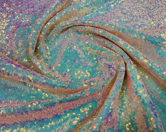 Aqua/Pink  iridescent mermaid fish scales-mini glitz sequins embroider on a blush 2 way stretch mesh fabric-sold by the yard-