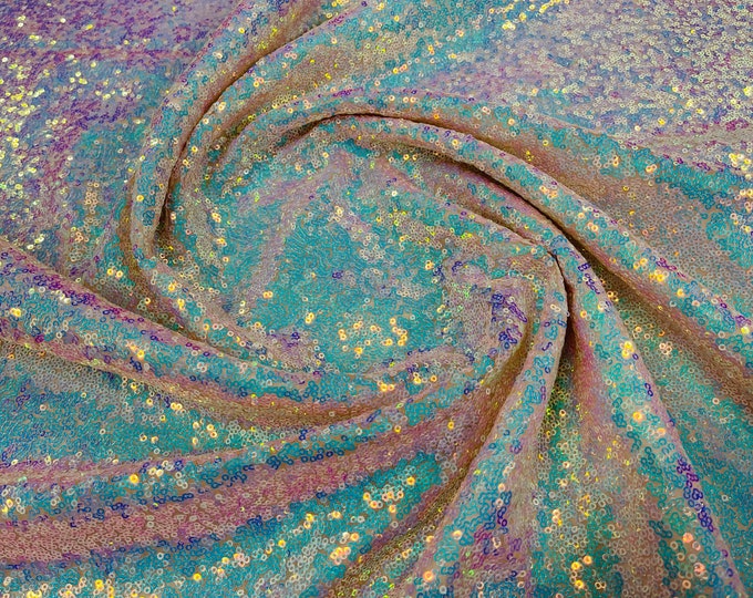Aqua iridescent mermaid fish scales-mini glitz sequins embroider on a 2 way stretch mesh fabric-sold by the yard-