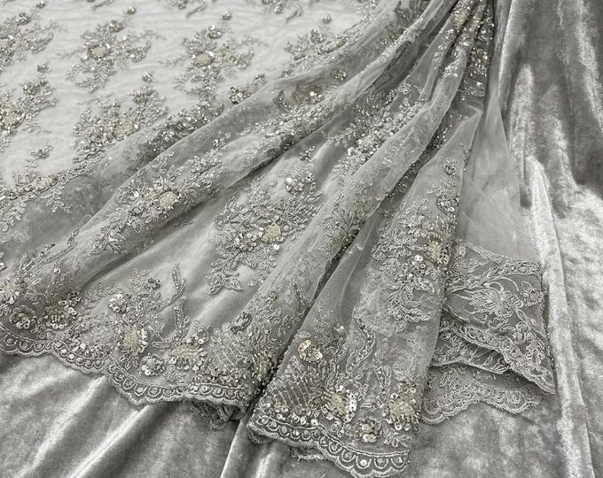 Silver French Beaded Lace Fabric by the Yard, Embroidered Bridal Mesh Lace for Wedding Dress, Prom Gown, Couture Fabric