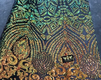 New orange/green iridescent diamond design with sequins on a black 4 way stretch mesh-prom-nightgown-sold by the yard-free shipping in USA-