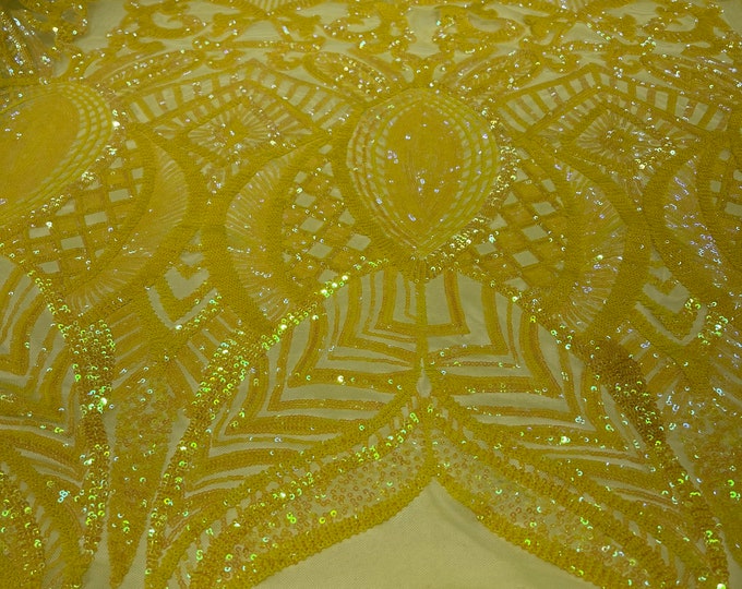 Bright yellow iridescent royalty sequin design on 4 way stretch mesh-prom-sold by the yard.