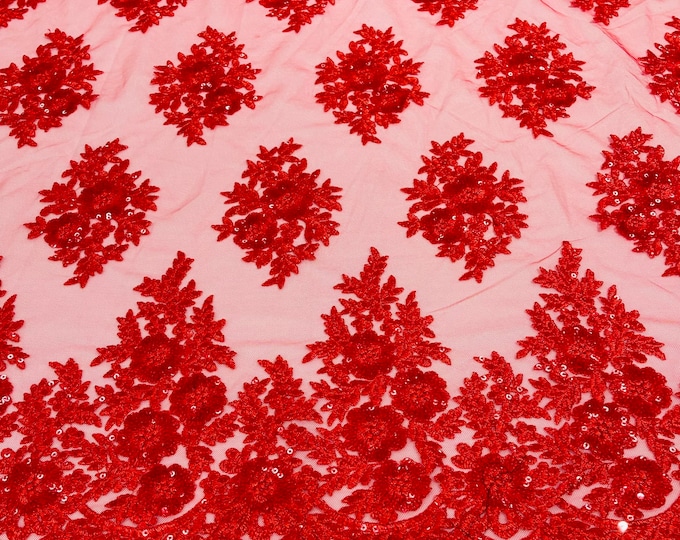 Red Floral corded embroider with sequins on a mesh lace fabric-sold by the yard.