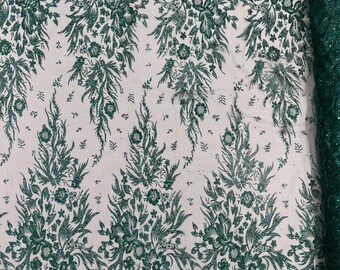 Hunter Green Glitter Damask Design On A Mesh Lace Fabric/Prom/Sold By The Yard