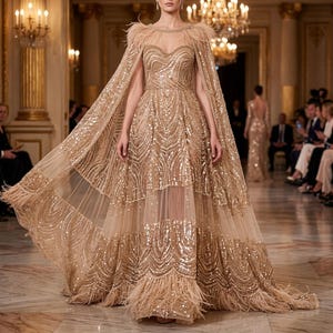May include: A glamorous gold sequined gown with a flowing cape, adorned with feathers. The dress features a sweetheart neckline and a sheer skirt panel. The cape is embellished with feathers at the shoulders, creating a luxurious and elegant look.