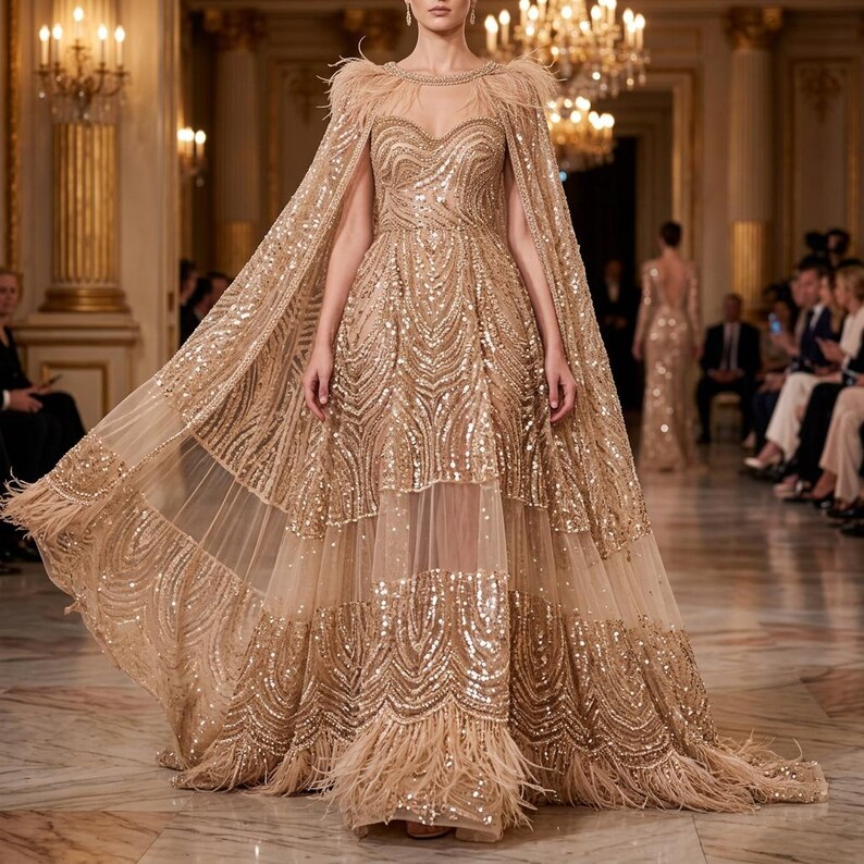 May include: A glamorous gold sequined gown with a flowing cape, adorned with feathers. The dress features a sweetheart neckline and a sheer skirt panel. The cape is embellished with feathers at the shoulders, creating a luxurious and elegant look.