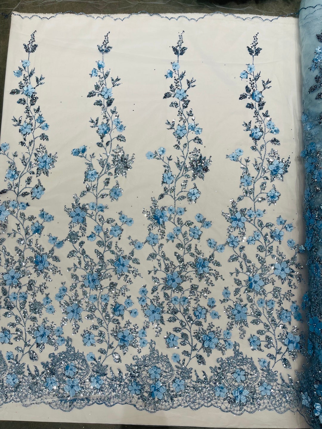 Pre-Cut Satin Floral Print Fabric By Yard | Ready To Ship | Sky Blue Posey main image 0