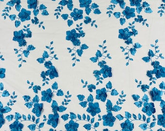 Turquoise Double Scalp Orquidia 3d floral design embroider with pearl in a mesh lace fabric-dresses-fashion-decoration-prom-sold by the yard
