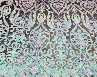 Aqua Blue Iridescent shiny sequin damask design on a black 4 way stretch mesh-prom- sold by the yard.