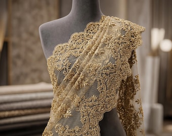 Gold Beaded Lace Fabric by Yard, Metallic Embroidered Mesh Lace for Bridal Dress Prom Gown Wedding Decor