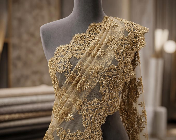 Gold Beaded Lace Fabric by Yard, Metallic Embroidered Mesh Lace for Bridal Dress Prom Gown Wedding Decor