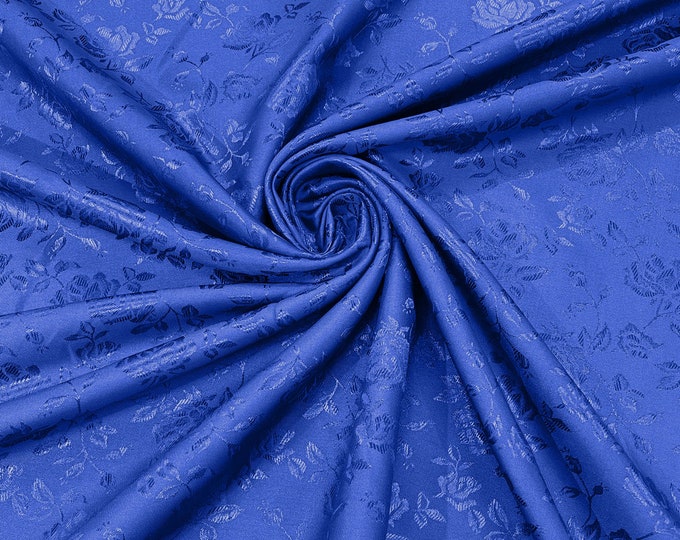 Royal Blue 60" Wide Polyester Roses/Flowers Brocade Jacquard Satin Fabric/Cosplay Costumes, Skirts, Table Linen/Sold By The Yard.