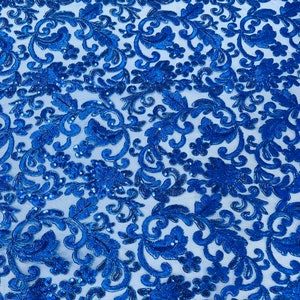 Royal Blue Corded Flower Lace Embroider with Sequins Fabric - Sold by the Yard.