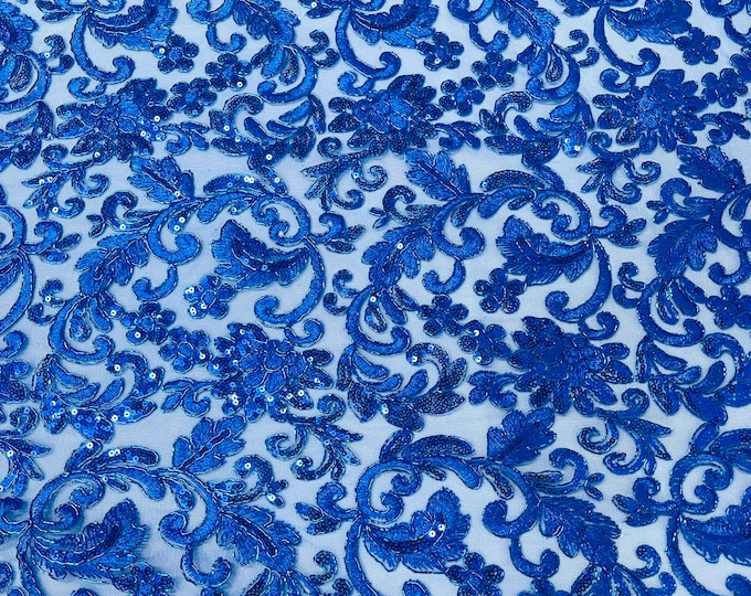 Royal blue metallic corded embroider flowers with sequins on a mesh lace fabric-prom-sold by the yard.