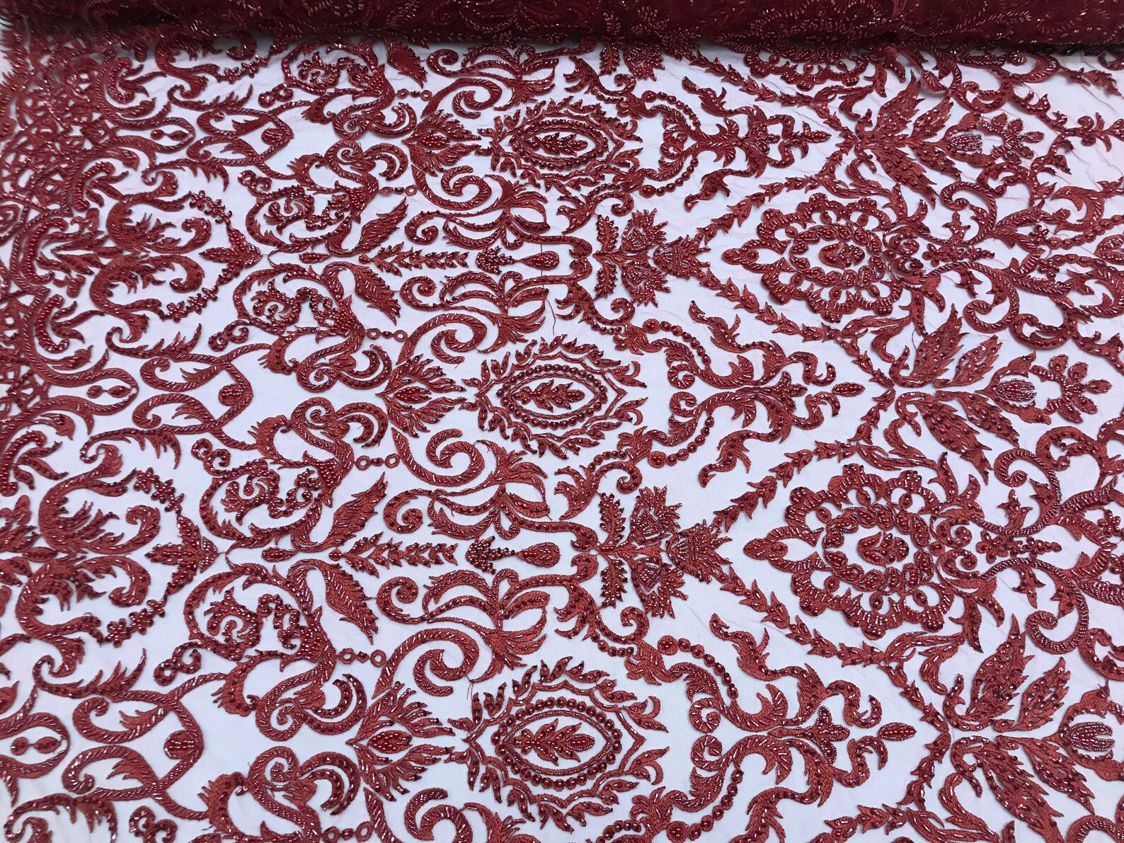 Black floral damask embroider and heavy beaded on a mesh lace fabric-sold by the yard-