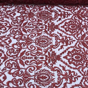 Red floral damask embroider and heavy beaded on a mesh lace fabric-sold by the yard- main image 0