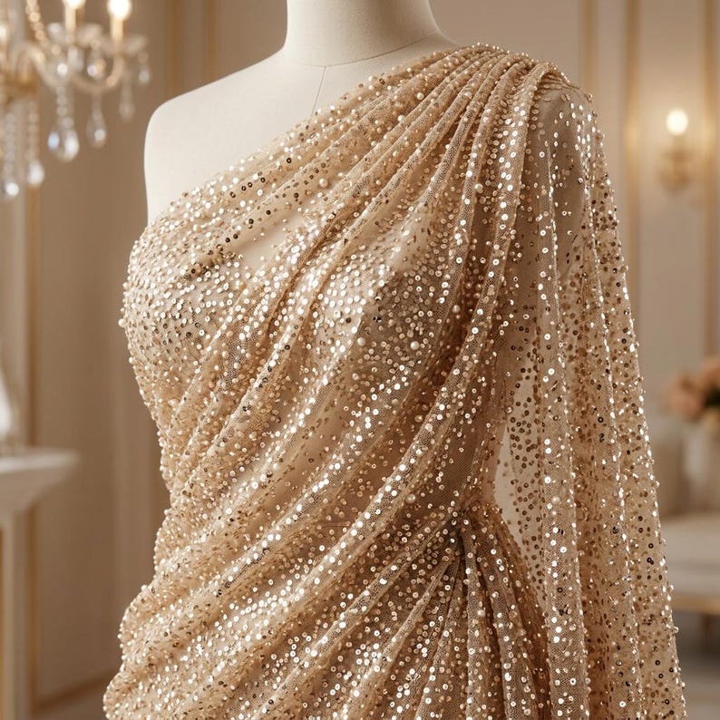 May include: A gold sequin fabric draped over a mannequin. The fabric is a sheer mesh base, densely covered in small, round, gold sequins. The fabric is draped to create a one-shoulder design, suggesting a formal gown or dress.