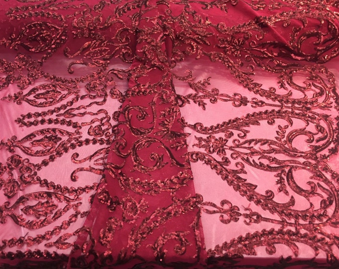Matte burgundy damask design embroider with sequins on a 2 way stretch mesh-prom-nightgown-decorations-sold by the yard.