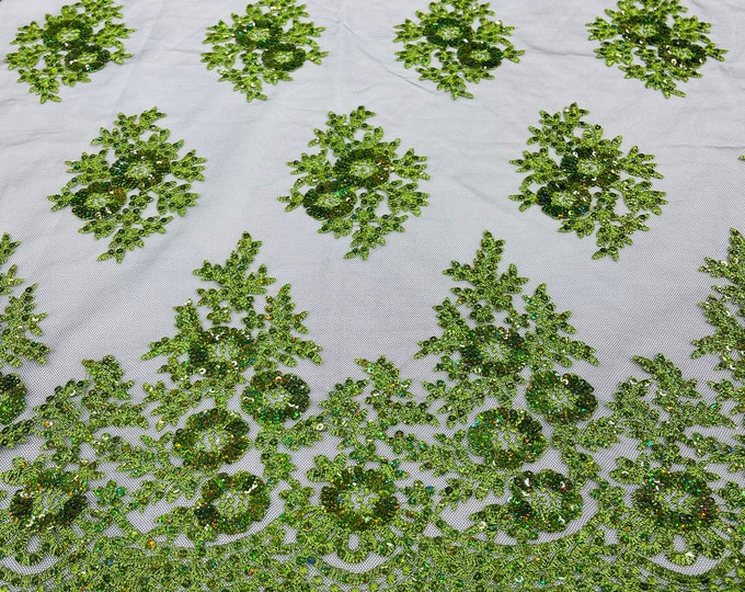 Lime/Black Floral corded embroider with glitter sequins on a mesh lace fabric-sold by the yard.