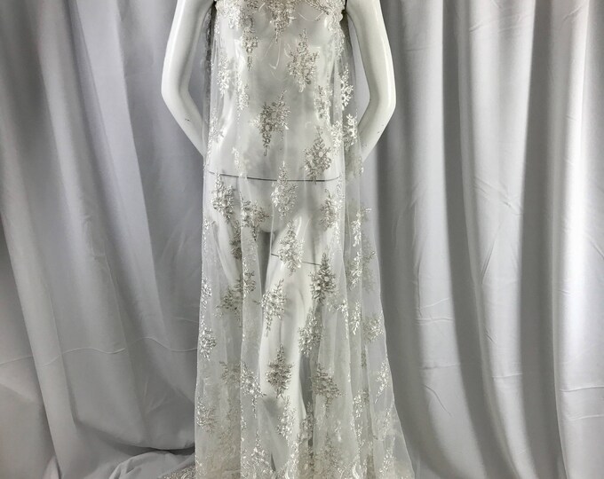 Ivory paisley flower embroider and corded with metallic silver tread-wedding-bridal-prom-nightgown-decorations-dresses-Sold by the yard.