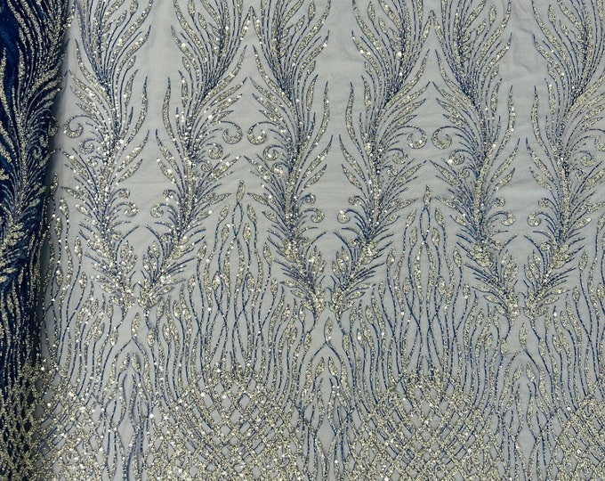 Royal blue feathers damask embroider and heavy beaded on a mesh lace fabric-sold by the yard-