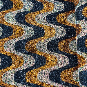 Black/Burnt Orange /Clear Iridescent sequin Wave Design On black stretch velvet all over 5mm shining sequins 2-way stretch, sold by the yard