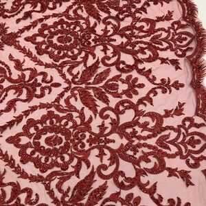 Red floral damask embroider and heavy beaded on a mesh lace fabric-sold by the yard- main image 1