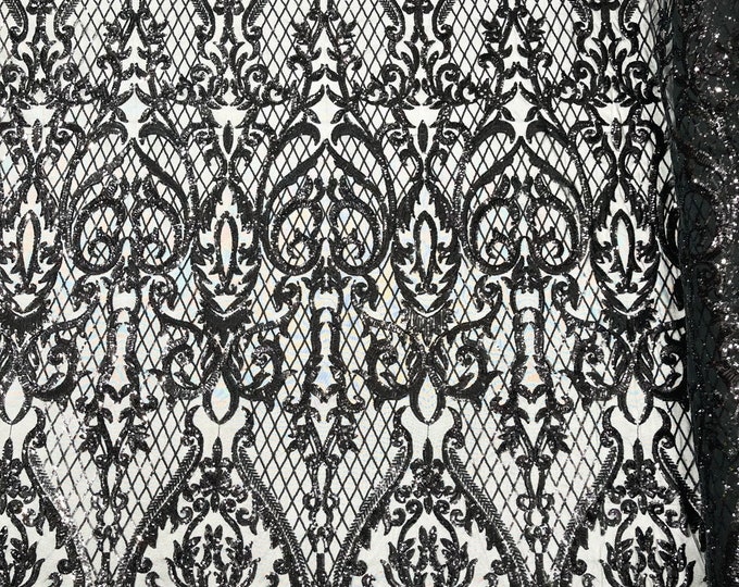 Black shiny Heart Damask sequin design on a 4 way stretch mesh fabric-prom-sold by the yard.