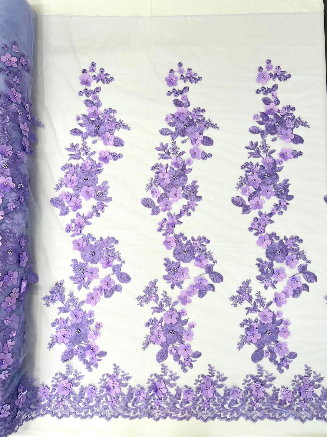 Lavender Diana 3d Floral Design Embroider With Pearls in a Mesh Lace ...