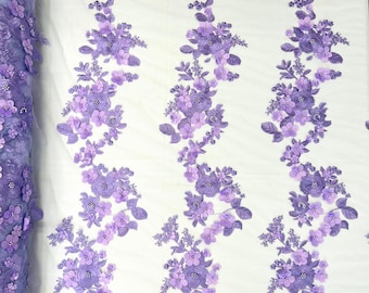 Lavender Diana 3d floral design embroider with pearls in a mesh lace-sold by the yard.