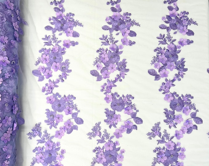 Lavender Diana 3d floral design embroider with pearls in a mesh lace-sold by the yard.