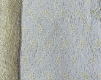 Ivory, Vine Floral Beaded Lace/Sequin Embroider Lace Fabric - Sold By the Yard.