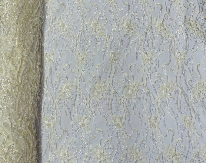 Ivory, Vine Floral Beaded Lace/Sequin Embroider Lace Fabric - Sold By the Yard.