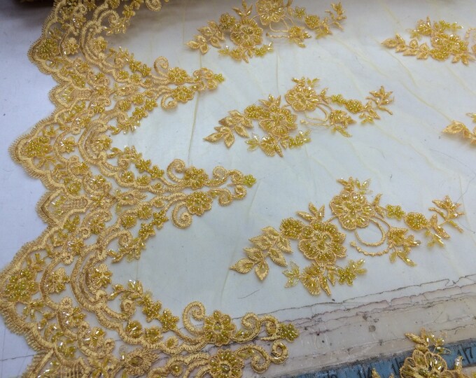 Elegant yellow hand beaded mesh lace. Wedding/Bridal/prom-nightgown  fabric lace.36x50inches. Sold by the yard.