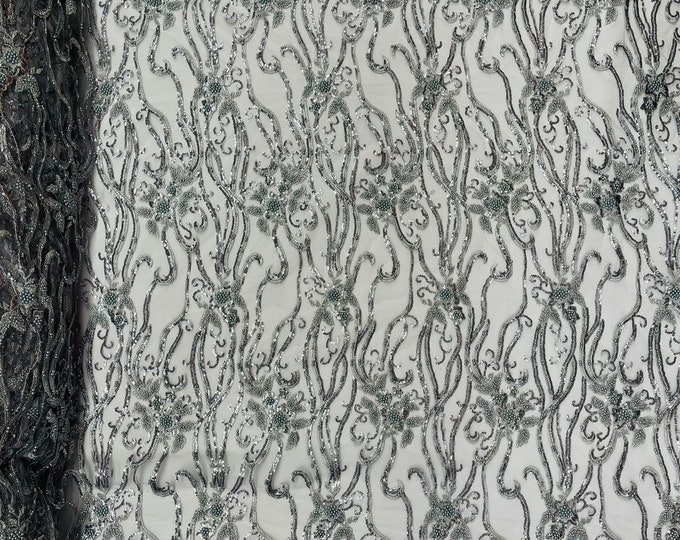 Silver, Vine Floral Beaded Lace/Sequin Embroider Lace Fabric - Sold By the Yard.