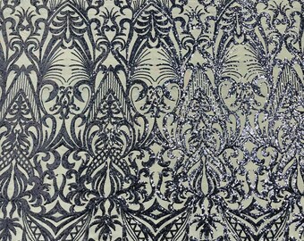 Navy sequin damask design on a 4 way stretch mesh fabric-prom-sold by the yard.