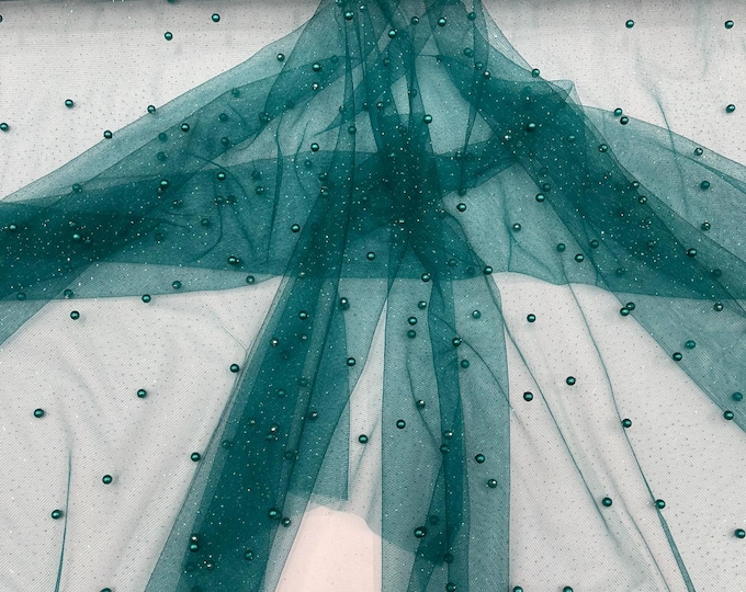 Hunter Green  Pearl Glitter Studded Mesh, 2-Way Stretch Shimmer Mesh Fabric, Sold by the yard.